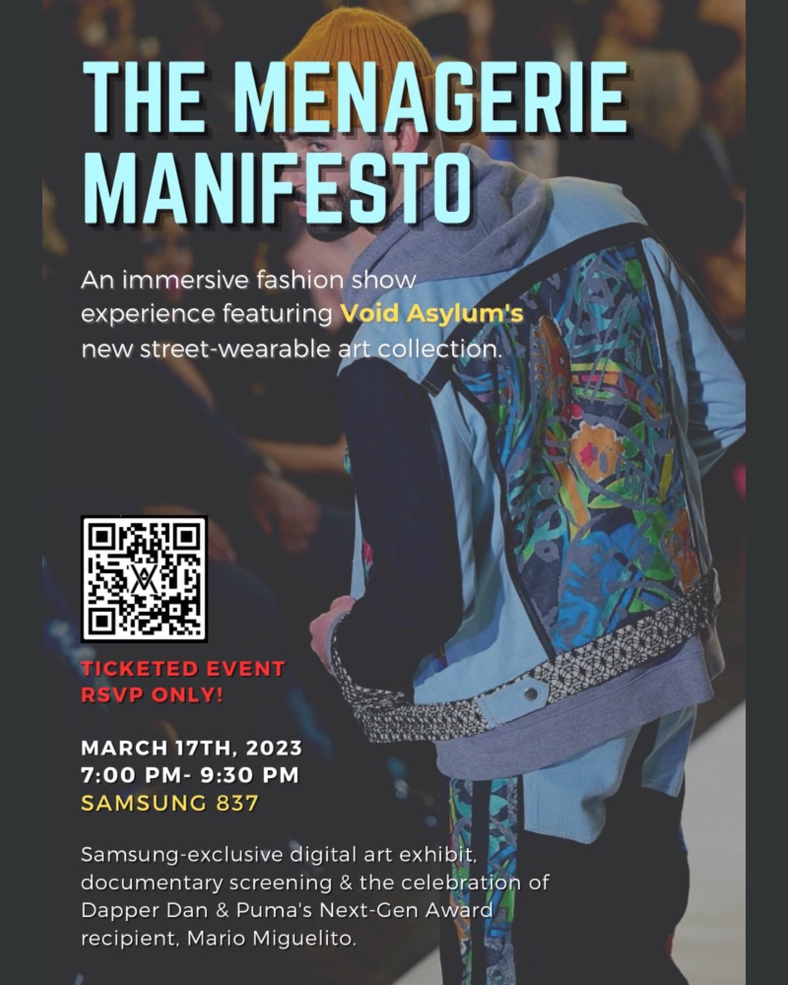 Poster for The Menagerie Manifesto, an immersive fashion show at Samsung 837 on March 17, 2023