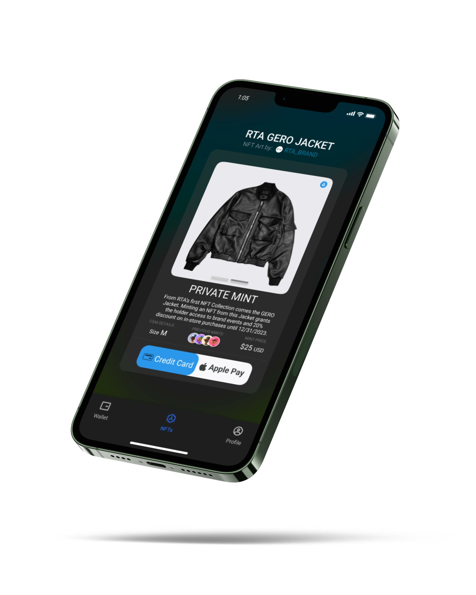 Phone mockup of the private mint screen for the RTA Gero Jacket