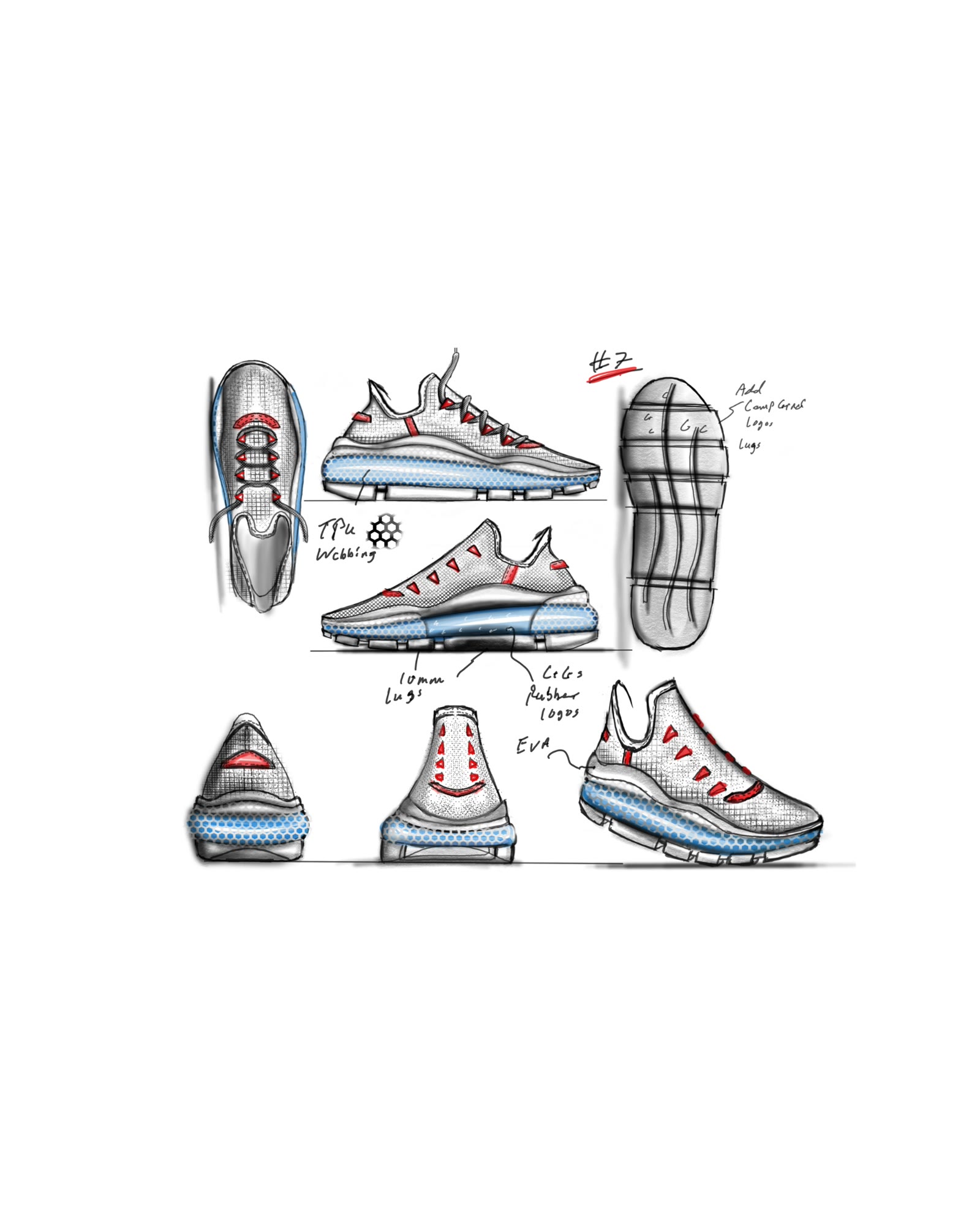 Annotated footwear design sketch, concept seven
