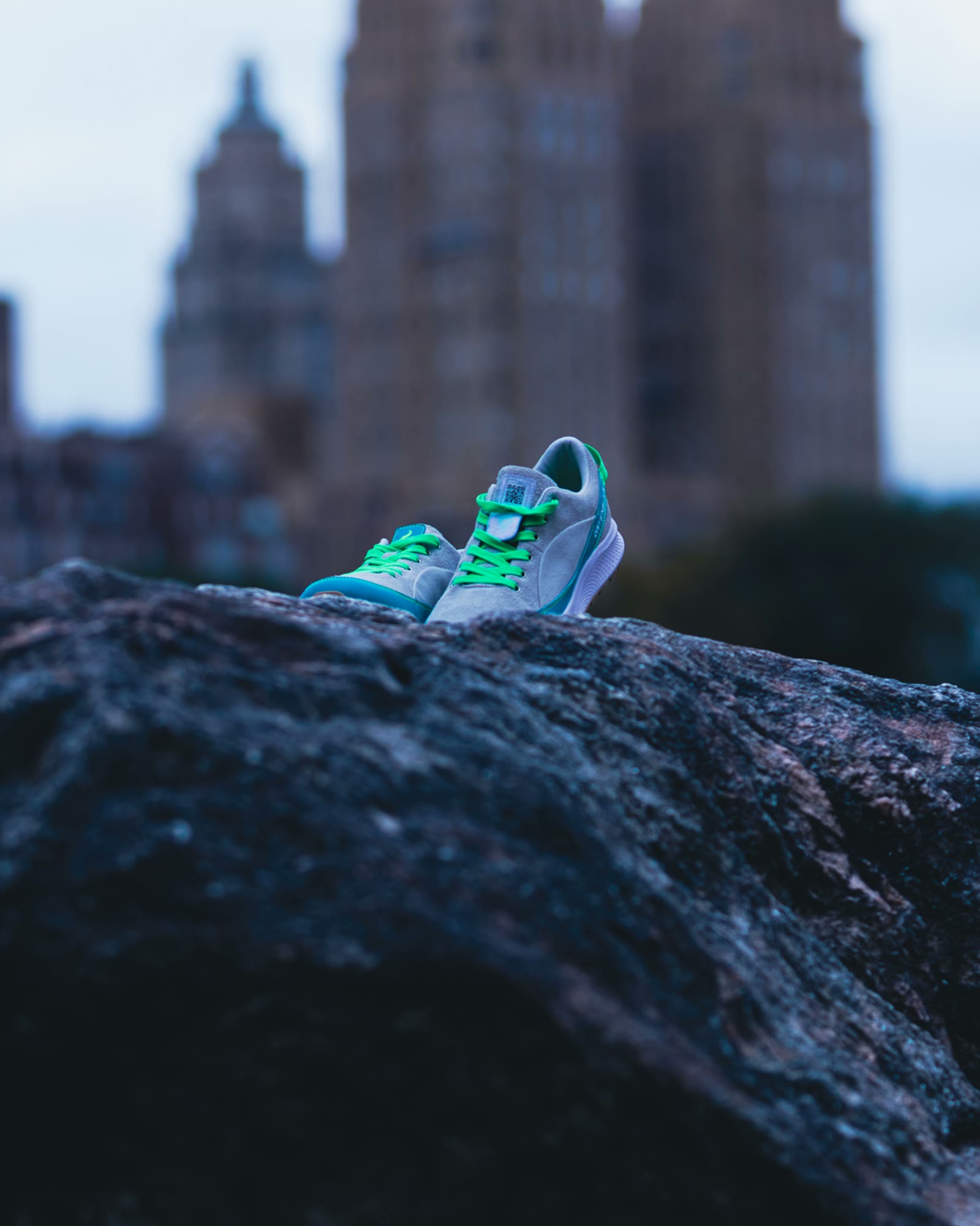 Campgrnds sneakers on a rock in Central Park