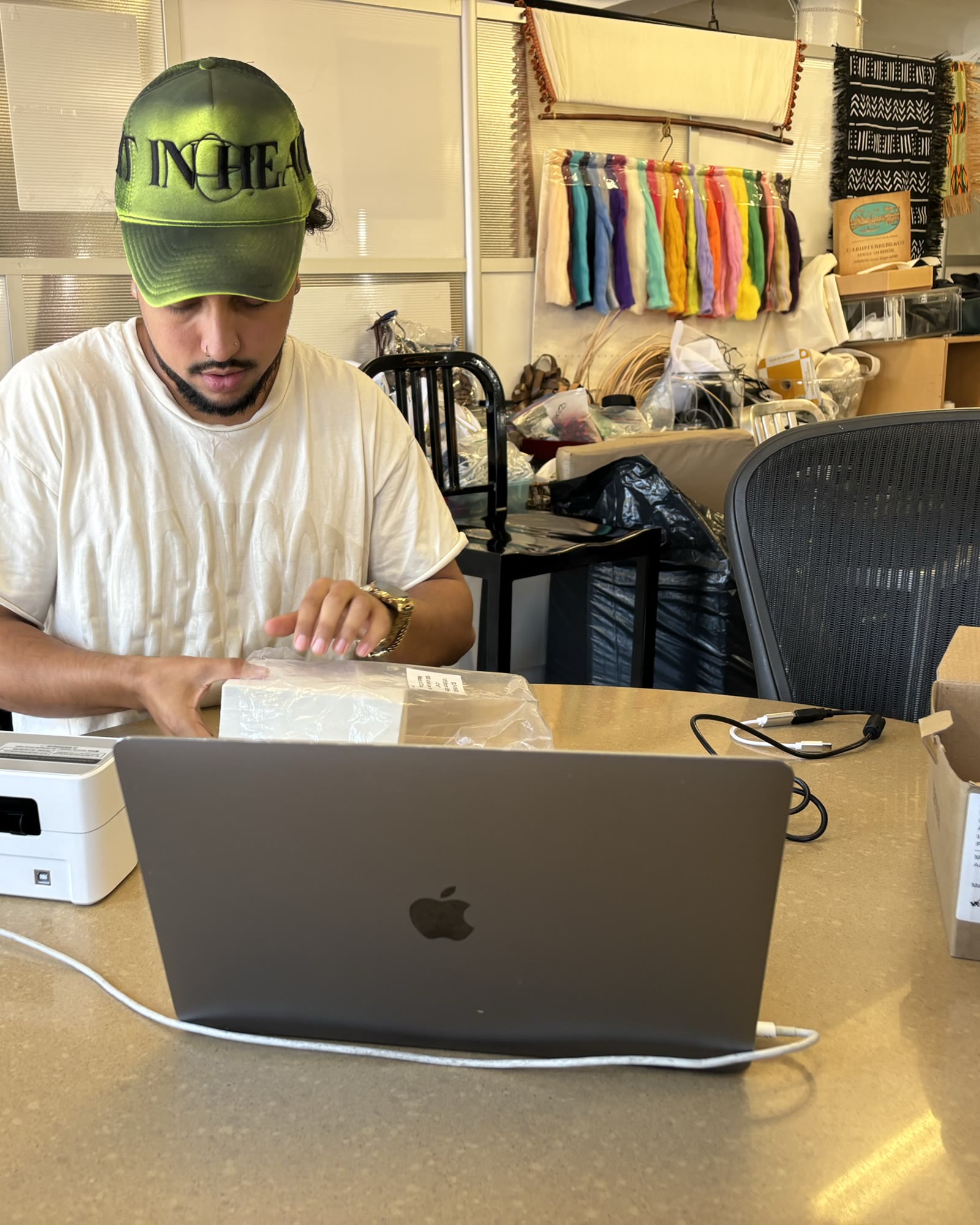 Printing NFC tags at a laptop in the studio