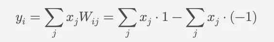 y sub i equals the sum over j of x sub j times W sub i j, which equals the sum of x sub j times 1 minus the sum of x sub j times negative 1